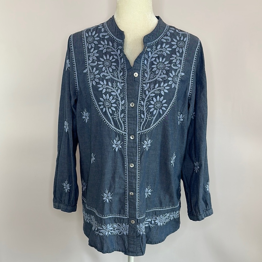 Soft Surroundings Embroidered Denim Blue Blouse